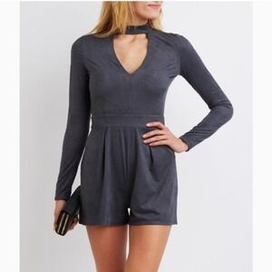 Charlotte Russe Womens Faux Suede Choker Romper Size‎ M Gray Dark Romantic Goth